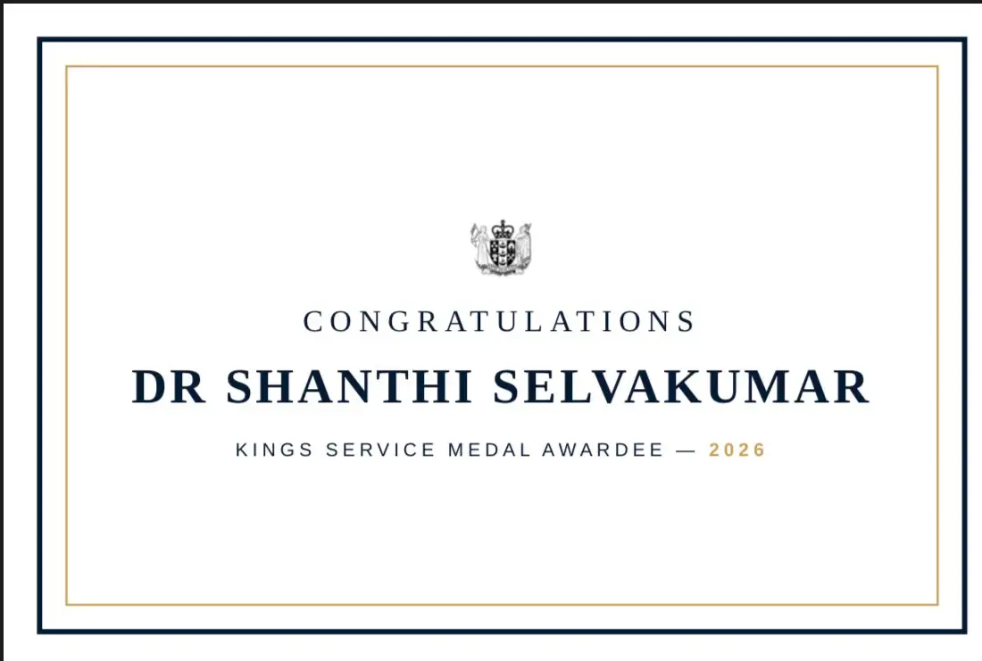 Certificate congratulating Dr Shanthi Selvakumar on receiving the King’s Service Medal in 2026